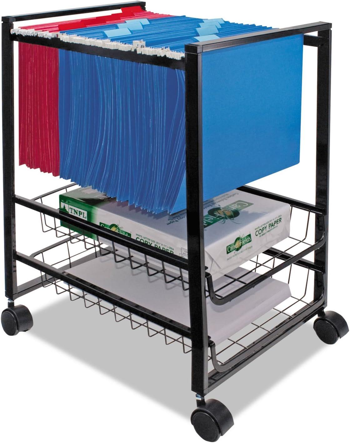 Black Steel Mobile File Cart with Dual-Wheel Casters