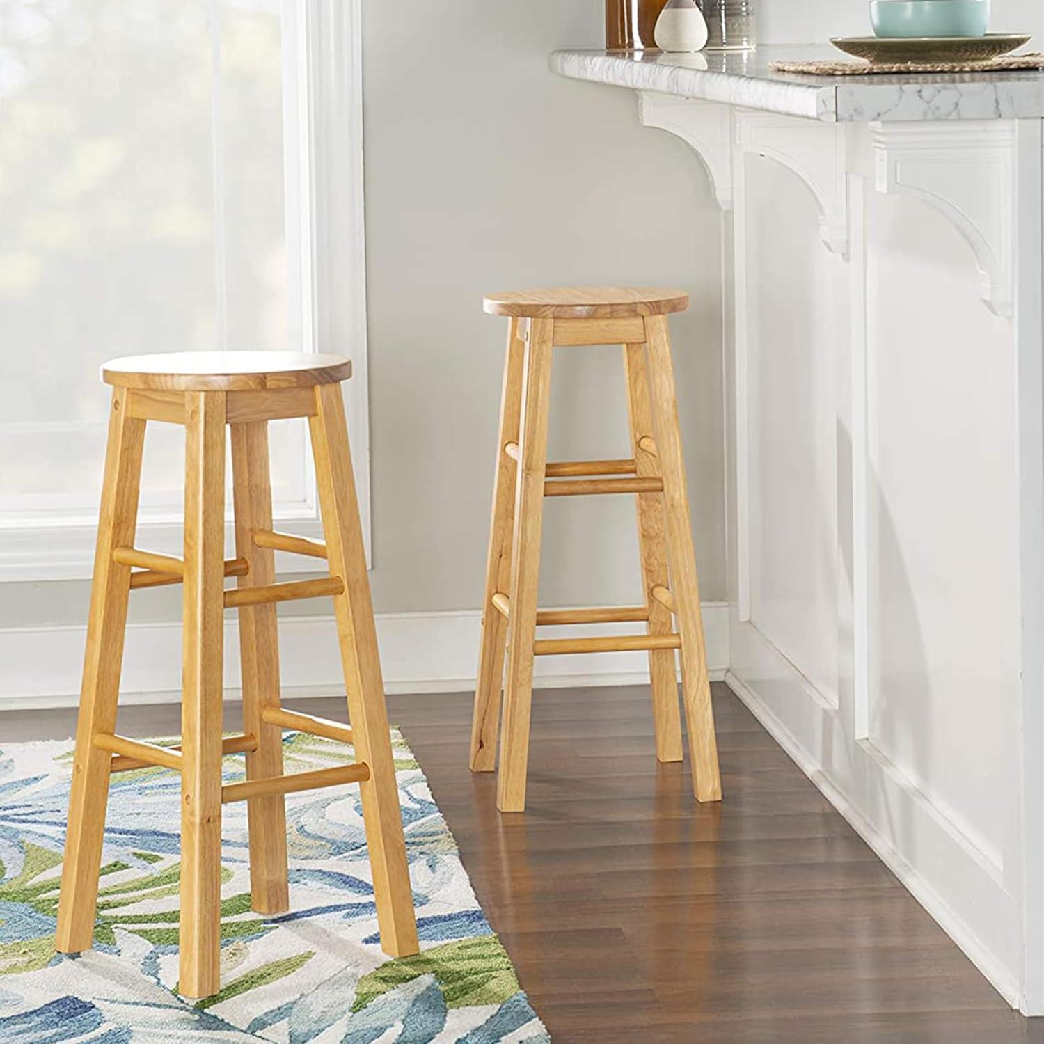 PJ Wood Classic Round Seat 29" Tall Kitchen Counter Stools for Homes, Dining Spaces, and Bars with Backless Seats & 4 Square Legs, Natural (Set of 4)