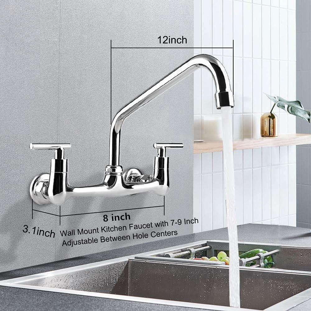 Wall Mount Faucet with 12" Swivel Spout, 8" Center Commercial Restaurant Sink Faucet 2 Handle Wall Mount Utility Sink Faucet for Compartment Sink & Home Kitchen Sink, Chrome Finish