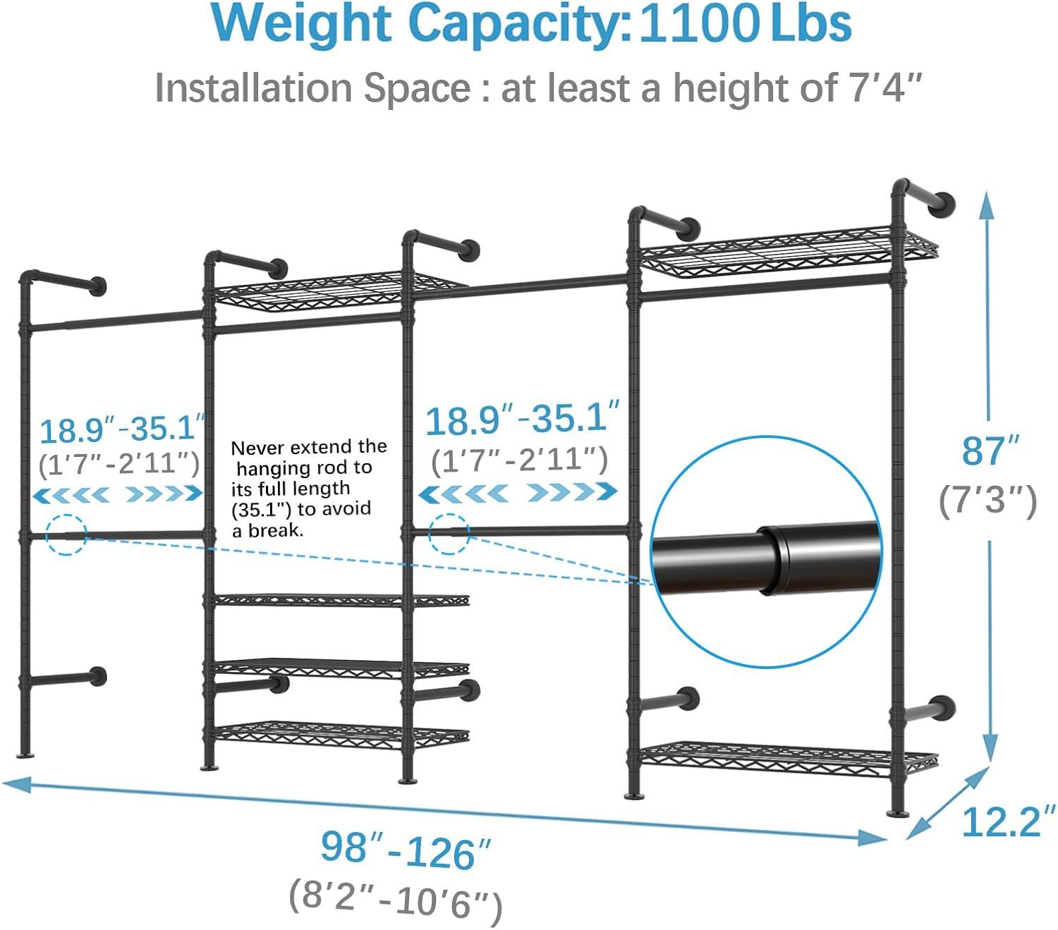 Timate F4 Wall Mounted Clothes Rack Industrial Pipe Clothing Rack , Expandable Garment Rack Heavy Duty Wardrobe Closet, Adjustable Closet, Black
