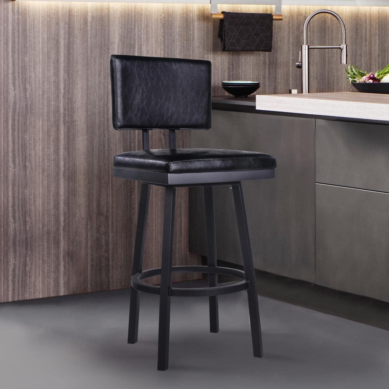 Transitional Black Faux Leather Swivel Barstool, 30" Seat Height