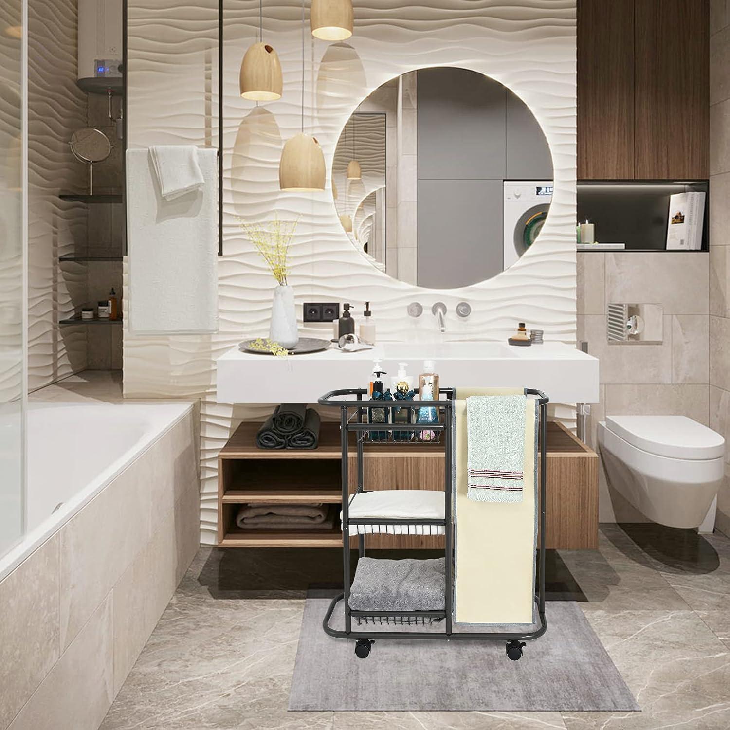 Laundry Sorter Cart Movable Bathroom Organizer Gray Laundry Storage Baskets with Heavy Duty Rolling Wheels 3-Tier Storage Shelves with 1 Bag for Clothes