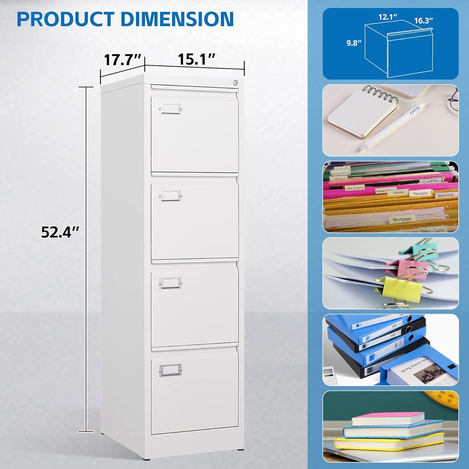 4 Drawer File Cabinet, 17.8" D Metal Filing Cabinets with Lock, Vertical Filing Cabinet for Home Office, Steel File Cabinet for Letter/Legal/A4/F4 Size, Easy Assemble (White)