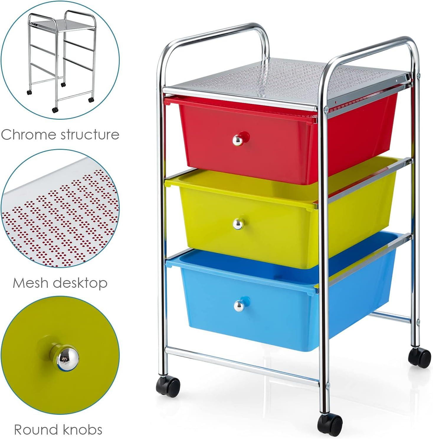 Multicolor 3-Drawer Rolling Storage Cart with Plastic Drawers