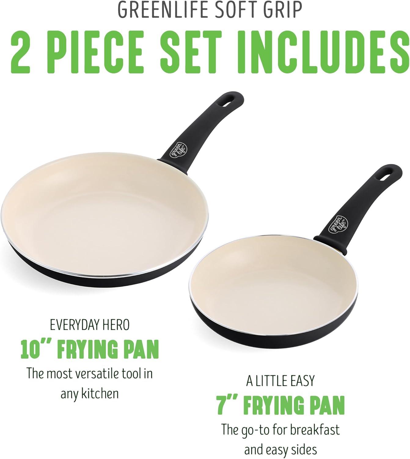 GreenLife Soft Grip Healthy Ceramic Nonstick, 7" And 10" Frying Pan Skillet Set, PFAS-Free, Dishwasher Safe