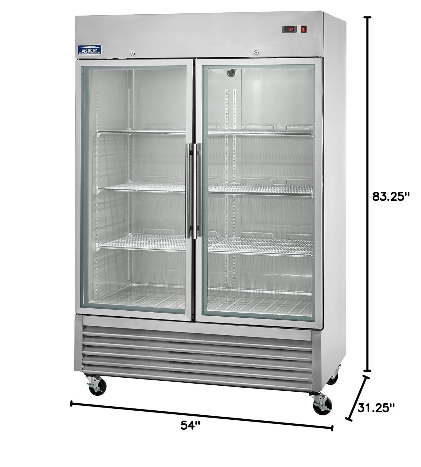 Arctic Air AGR49 Two Door Glass Reach-In Refrigerators, 2 doors 6 shelves, 33DF to 41DF, 49 cu. ft, Stainless Steel