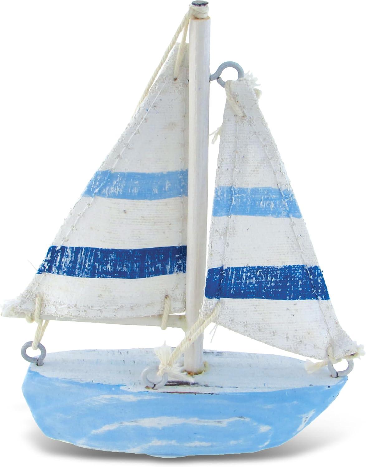 COTA Global Light Blue Stripes Sailboat Extra Small Decor – Handmade Wooden Boat Decor, Cute Beach Style Sail Boat Table Top Decor Living Room Centerpiece – 4.75 Inches