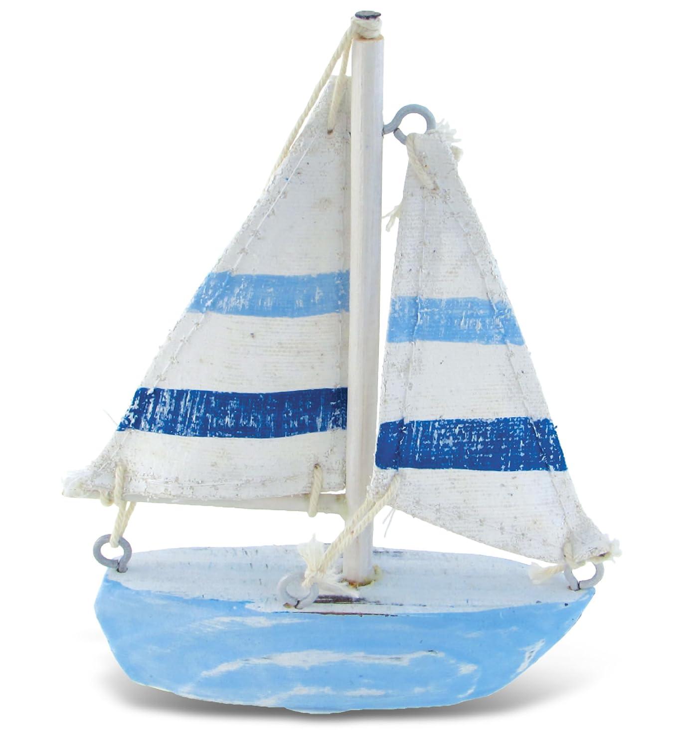 COTA Global Light Blue Stripes Sailboat Extra Small Decor – Handmade Wooden Boat Decor, Cute Beach Style Sail Boat Table Top Decor Living Room Centerpiece – 4.75 Inches