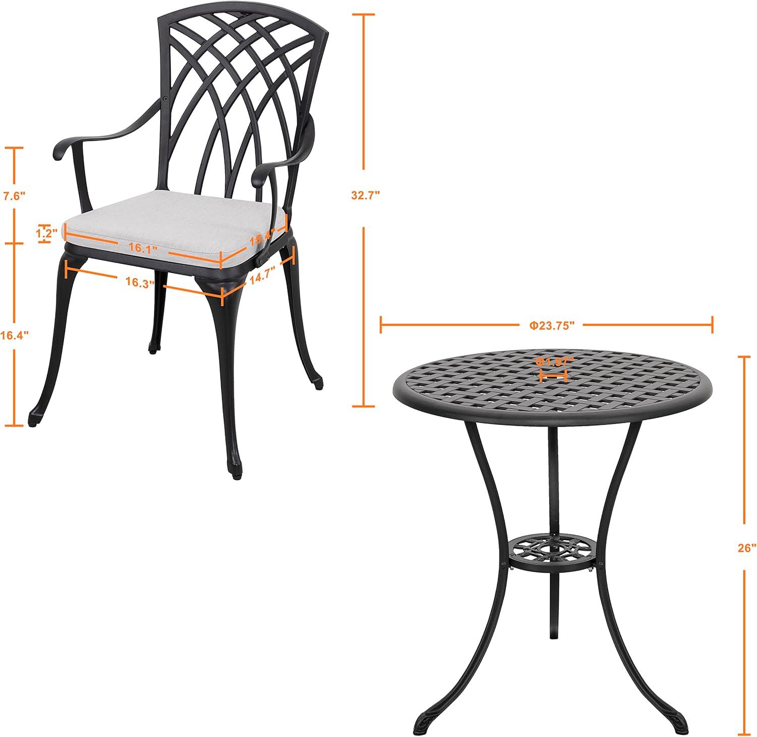 Black Cast Aluminum 3-Piece Bistro Set with Grey Cushions
