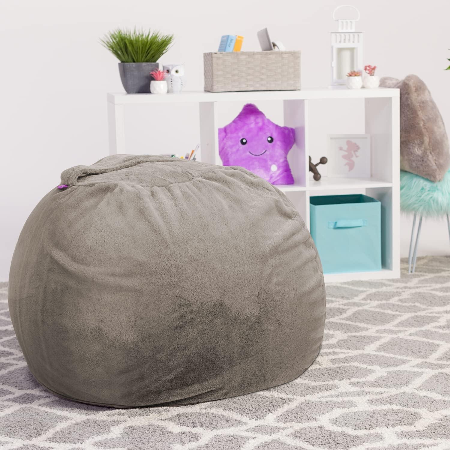 Large Gray Faux Rabbit Fur Bean Bag Chair with Removable Cover