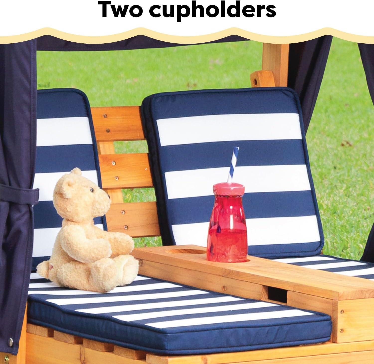 KidKraft Wooden Outdoor Double Chaise with Cup Holders, Kid's Furniture, Honey & Navy