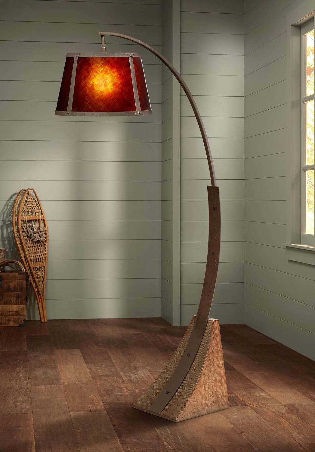 Franklin Iron Works Oak River Rustic Mission Arc Floor Lamp 66 1/2" Tall Dark Rust Wood Amber Mica Drum Shade for Living Room Reading Bedroom Office