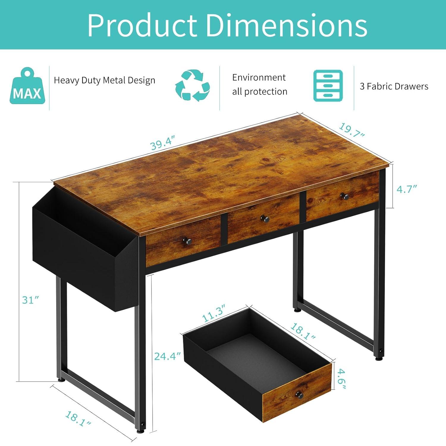 Lufeiya 40 Inch Desk with Drawers for Bedroom - 39 Inch Home Office Desks with 3 Fabric Storage Drawer and Pocket, Study Writing Table Rustic Computer Desk, Vintage Brown