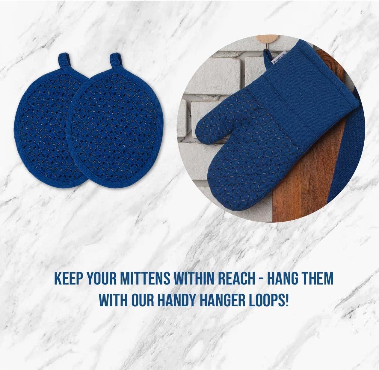 Indigo Cotton Kitchen Towel Set with Silicone Oven Mitts and Pot Holders, 16-Piece