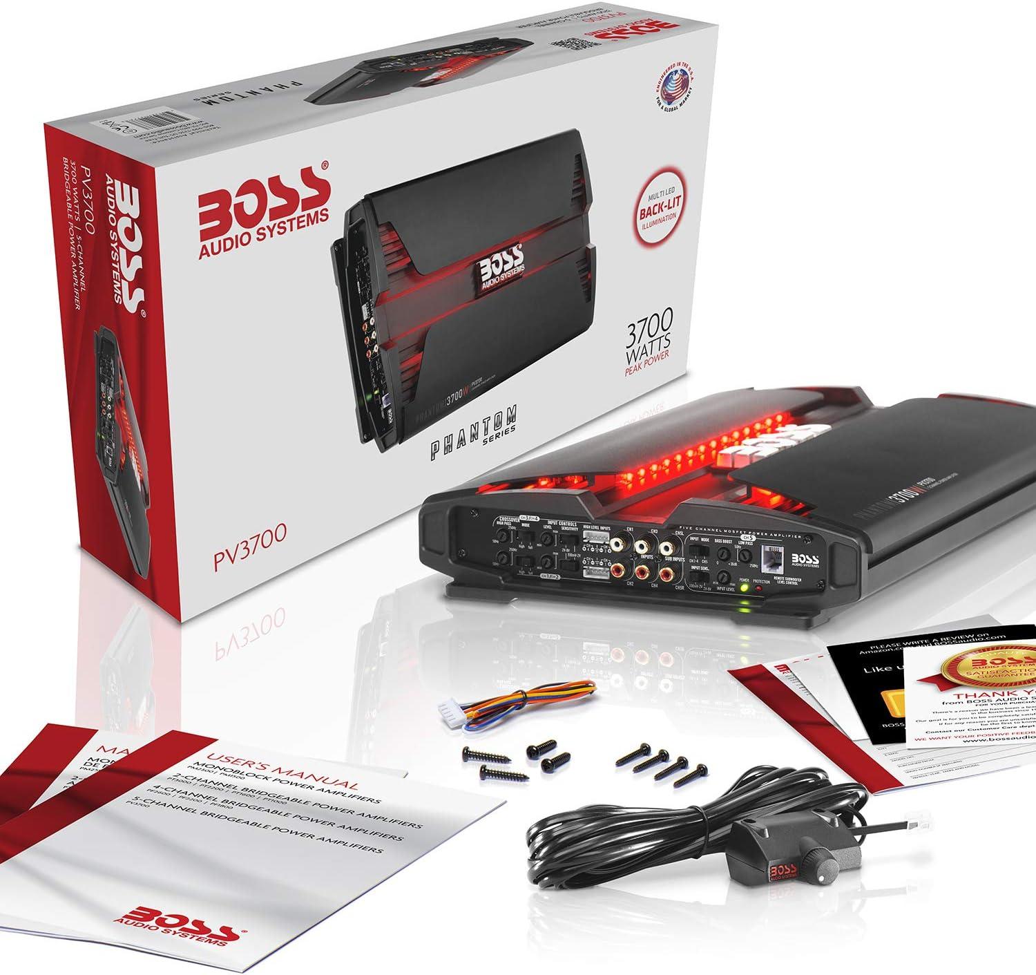 BOSS Audio Systems PV3700 Phantom Series 5 Channel Class A/B Car Amplifier – 3700 High Output, 2-8 Ohm Stable, Low/High Level Inputs, High/Low Pass Crossover, MOSFET, Hook up to Subwoofer for Bass