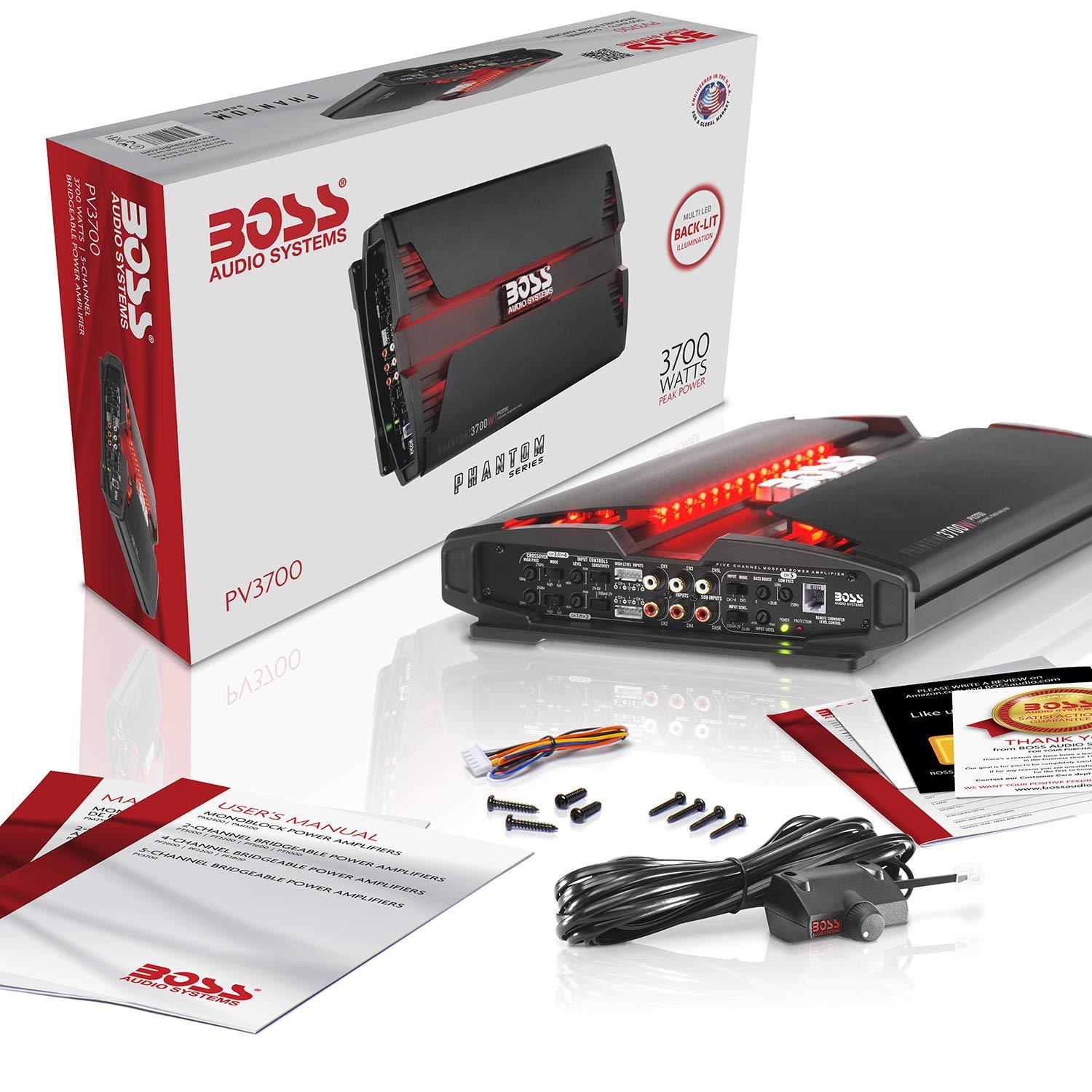 BOSS Audio Systems PV3700 Phantom Series 5 Channel Class A/B Car Amplifier – 3700 High Output, 2-8 Ohm Stable, Low/High Level Inputs, High/Low Pass Crossover, MOSFET, Hook up to Subwoofer for Bass