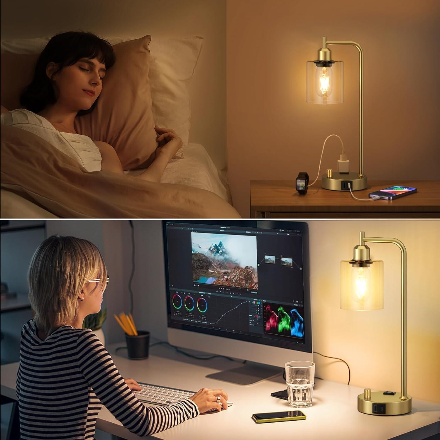 【Upgraded】Set of 2 Industrial Table Lamps with 2 USB Port, Fully Stepless Dimmable Bedside Lamps for Bedroom, Nightstand Desk Lamps with Glass Shade for Bedroom Living Room Office 2 LED Bulb Included