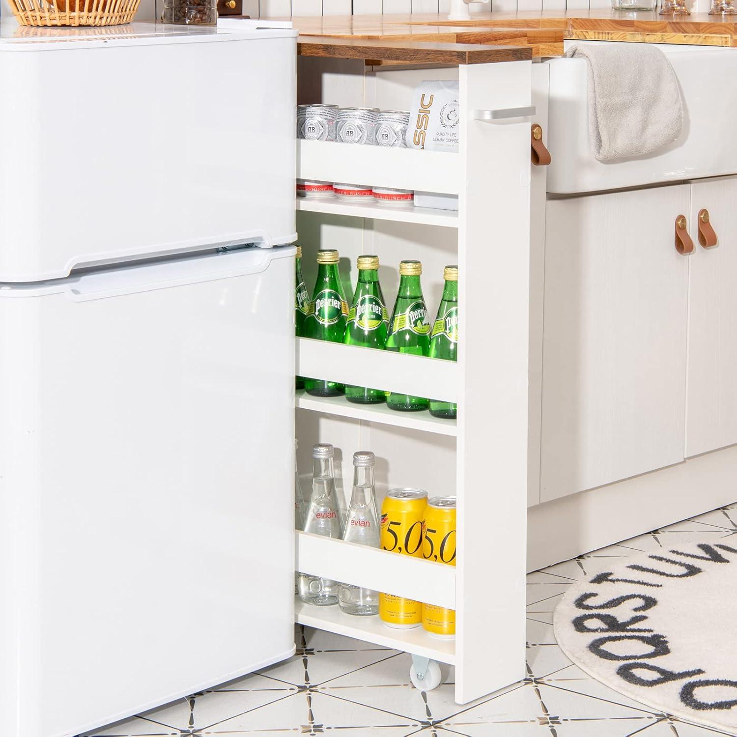 White and Brown Slim Rolling Storage Cart with 3 Shelves