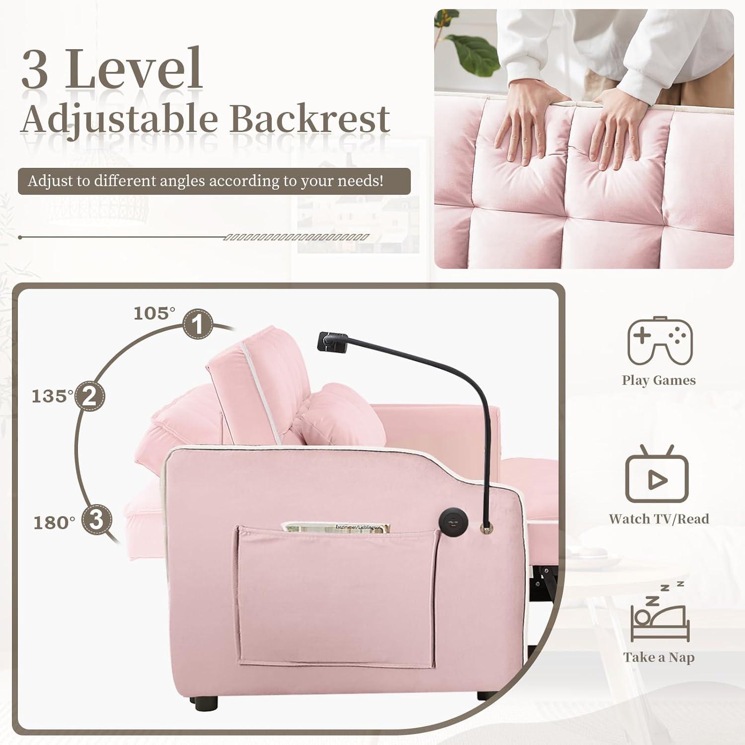 JEEOEHY 3 in 1 Convertible Sleeper Sofa Bed,Velvet Pull Out Couch Bed w USB&Type C Port,Comfy Futon Loveseat w Adjustable Backrest&Phone Stand&Cup Holder for Living Room Apartment Small Space(Pink)