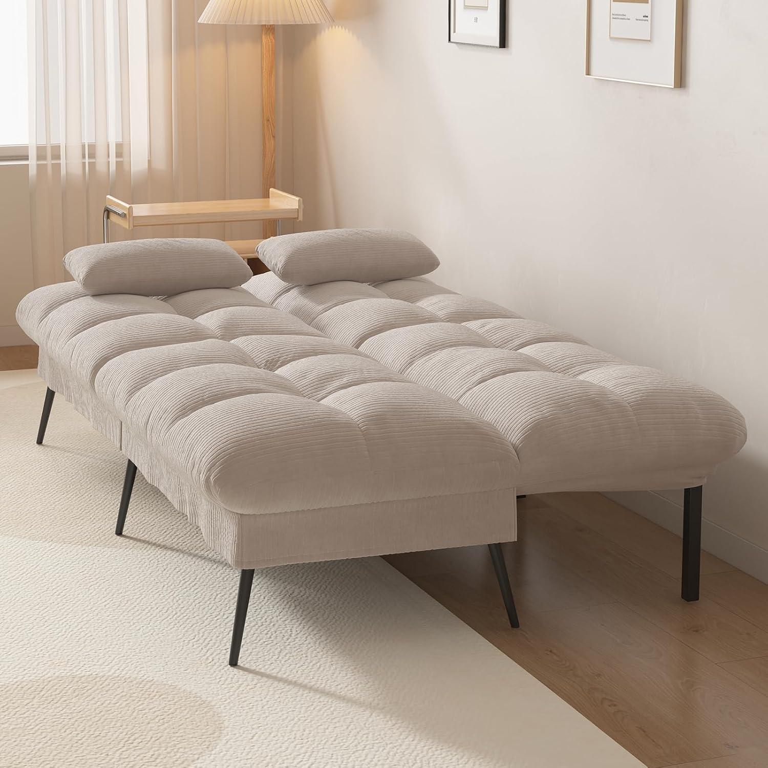 COMHOMA Convertible Futon Sofa Bed, Corduroy Velvet Futon Couch, Sleeper Sofa, Cream