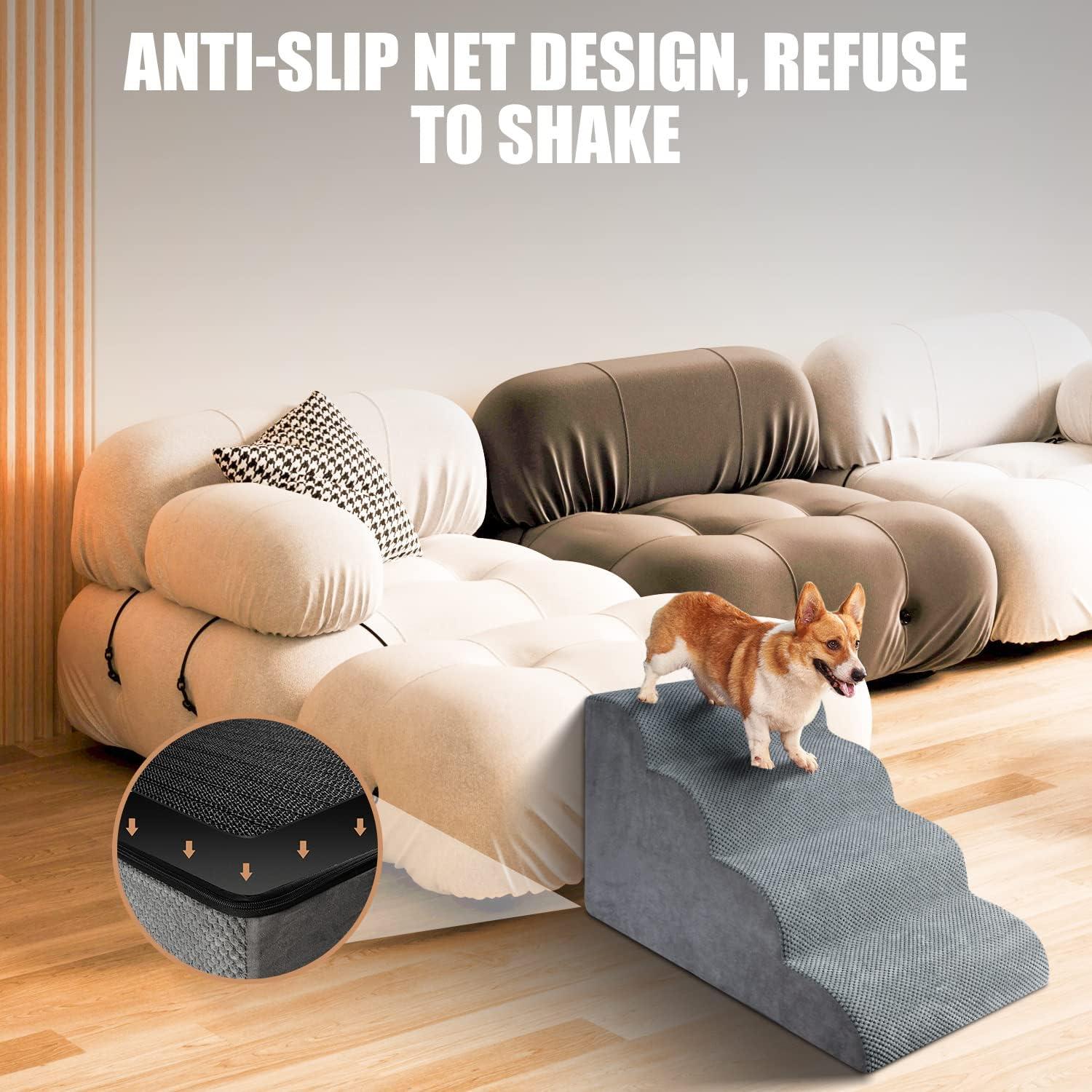 4 Steps Dog Stairs For Small Dogs, 18.5 Inch High, 30D Foam Dog Dtairs And Steps, Curved Steps