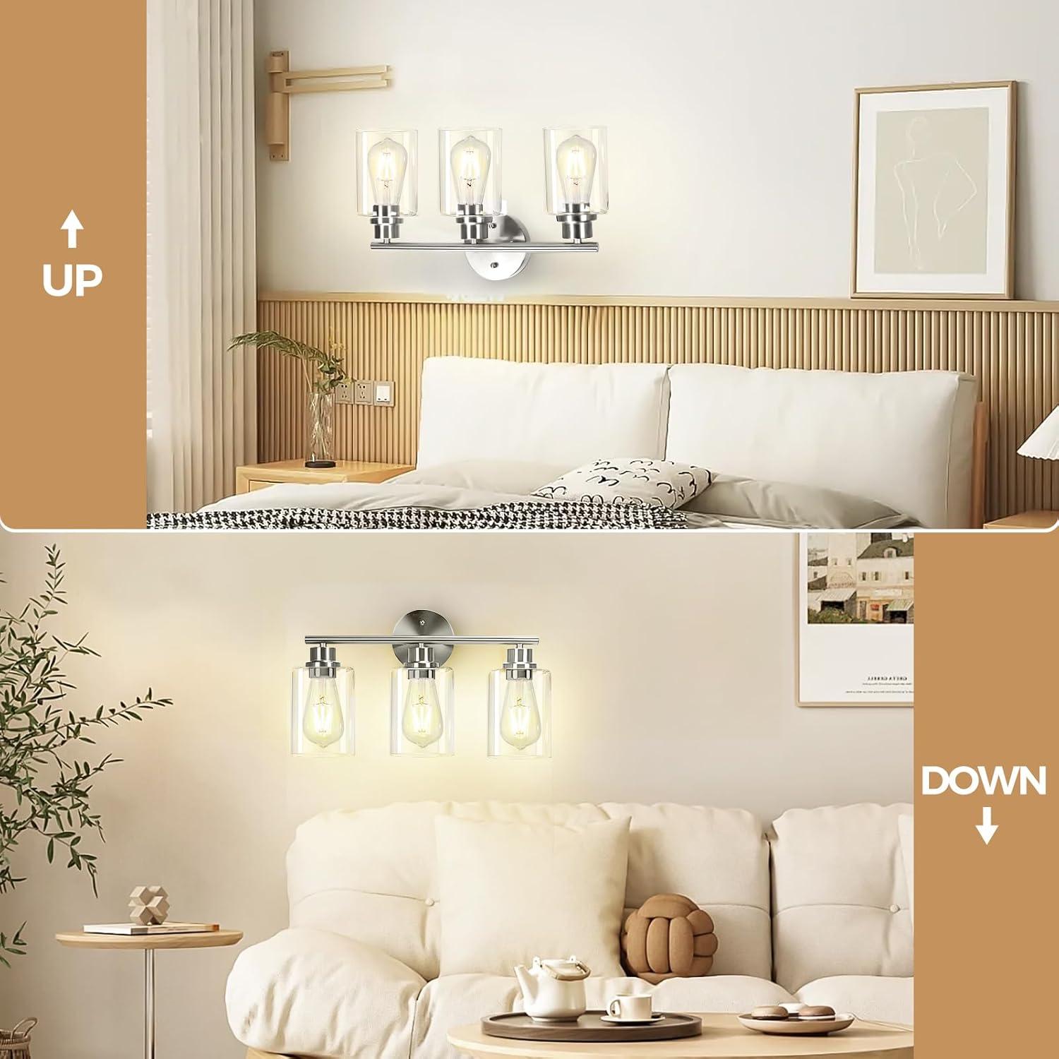 3-Light Bathroom Light Fixtures, Brushed Nickel Vanity Light, Farmhouse Wall Lights with Clear Glass Shade, Bathroom Wall Lamp for Mirror Kitchen Bedroom Hallway Living Room Hallway Cabinet