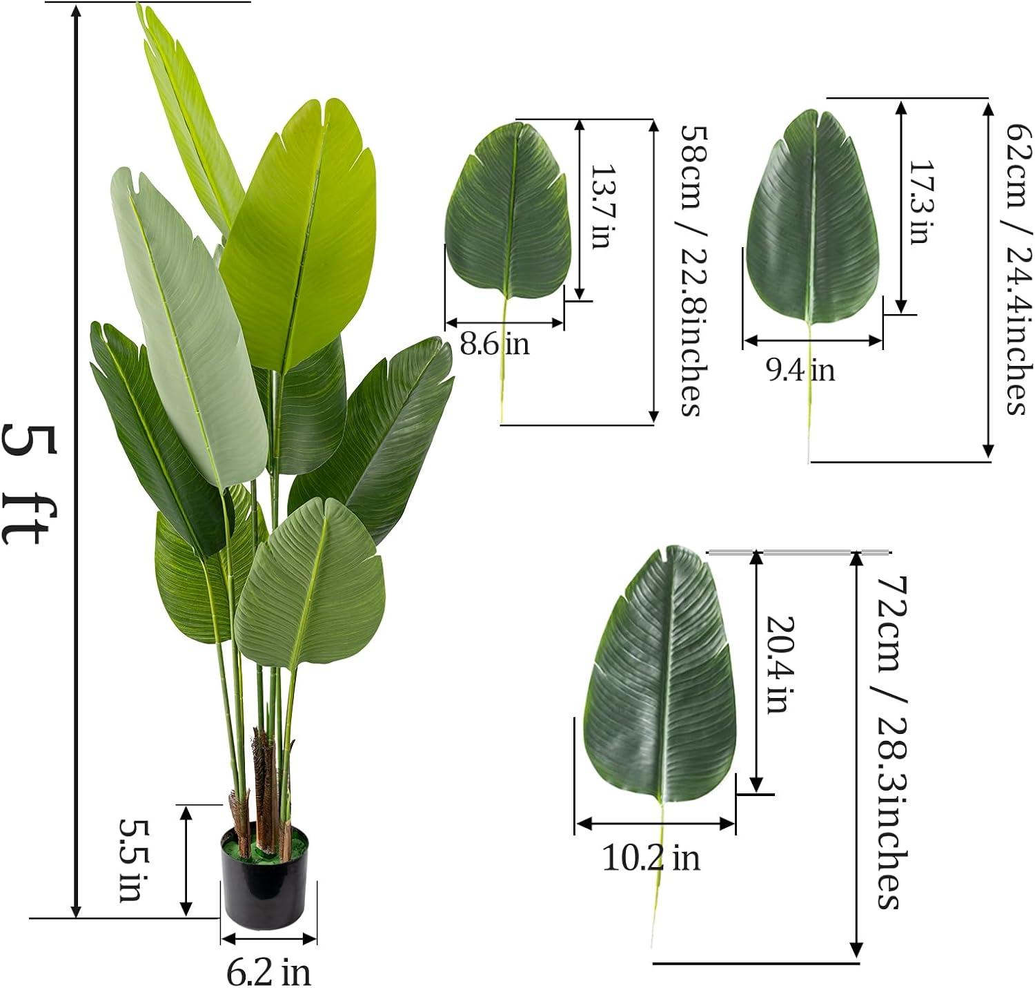 Artificial Bird of Paradise Plant,5 FT Fake Banana Leaves Plants Faux Tropical Palm Tree Floor Plant Potted, Artificial Tree for Home Office Living Room Decor Indoor Perfect Housewarming Gift.
