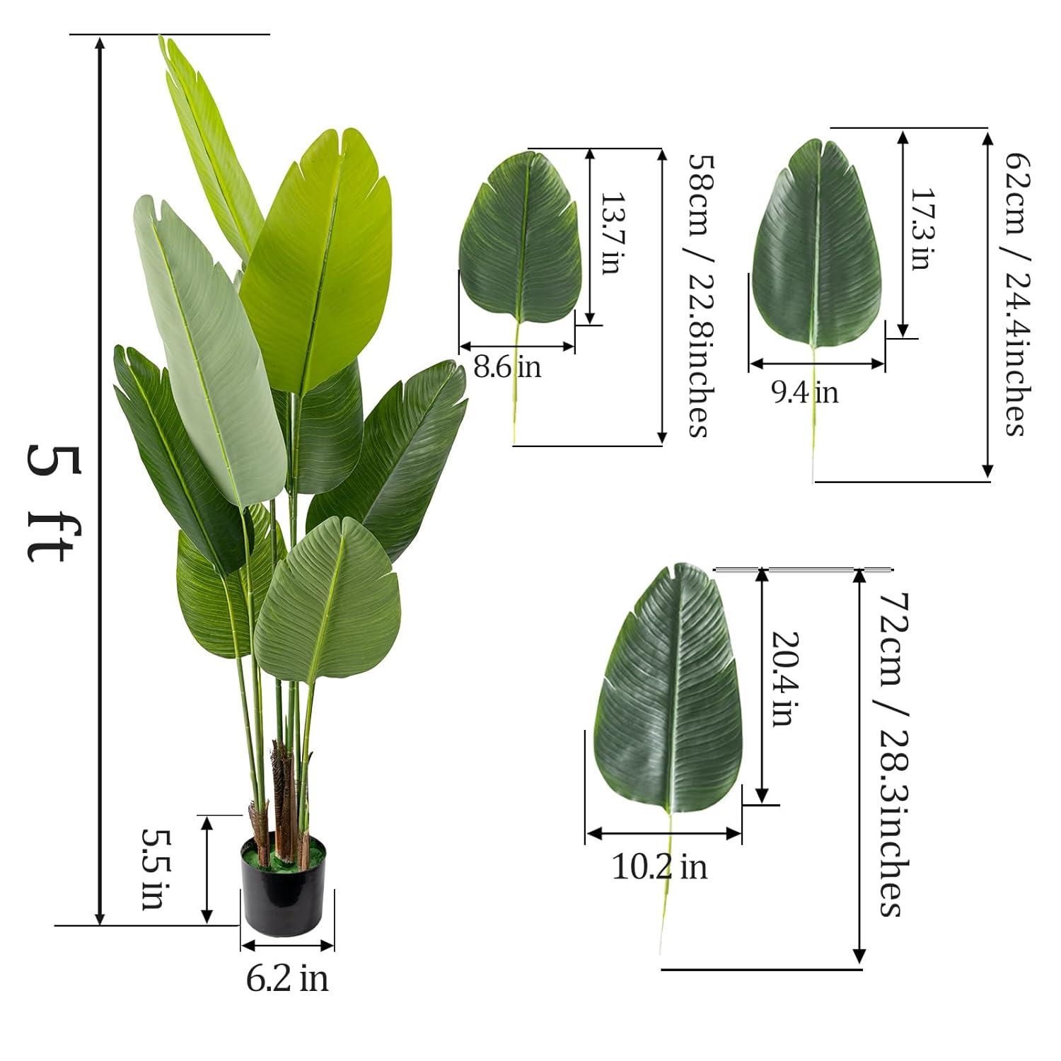 Artificial Bird of Paradise Plant,5 FT Fake Banana Leaves Plants Faux Tropical Palm Tree Floor Plant Potted, Artificial Tree for Home Office Living Room Decor Indoor Perfect Housewarming Gift.