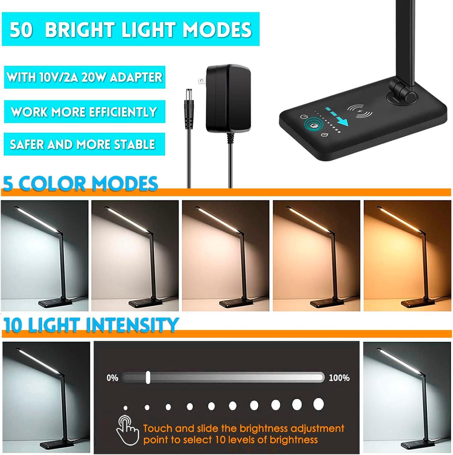 LED Desk Lamp with Wireless Charger, USB Charging Port, Desk Lighting with 5 Brightness Level,5 Lighting Modes, Dimmable Eye-Caring Reading Desk Light for Home, Office Lights,Touch Control,Auto Timer