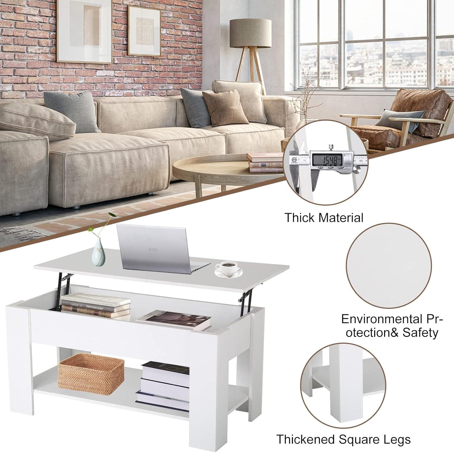 FDW Coffee Tables with Hidden Compartment and Storage Shelf Wooden Lift Tabletop Dining Table for Living Room Home (White)