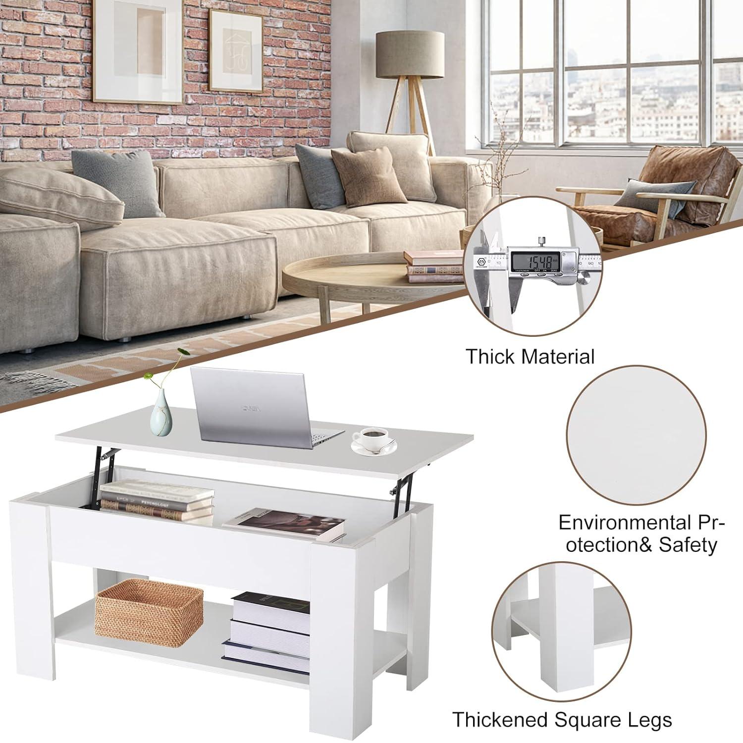 FDW Coffee Tables with Hidden Compartment and Storage Shelf Wooden Lift Tabletop Dining Table for Living Room Home (White)