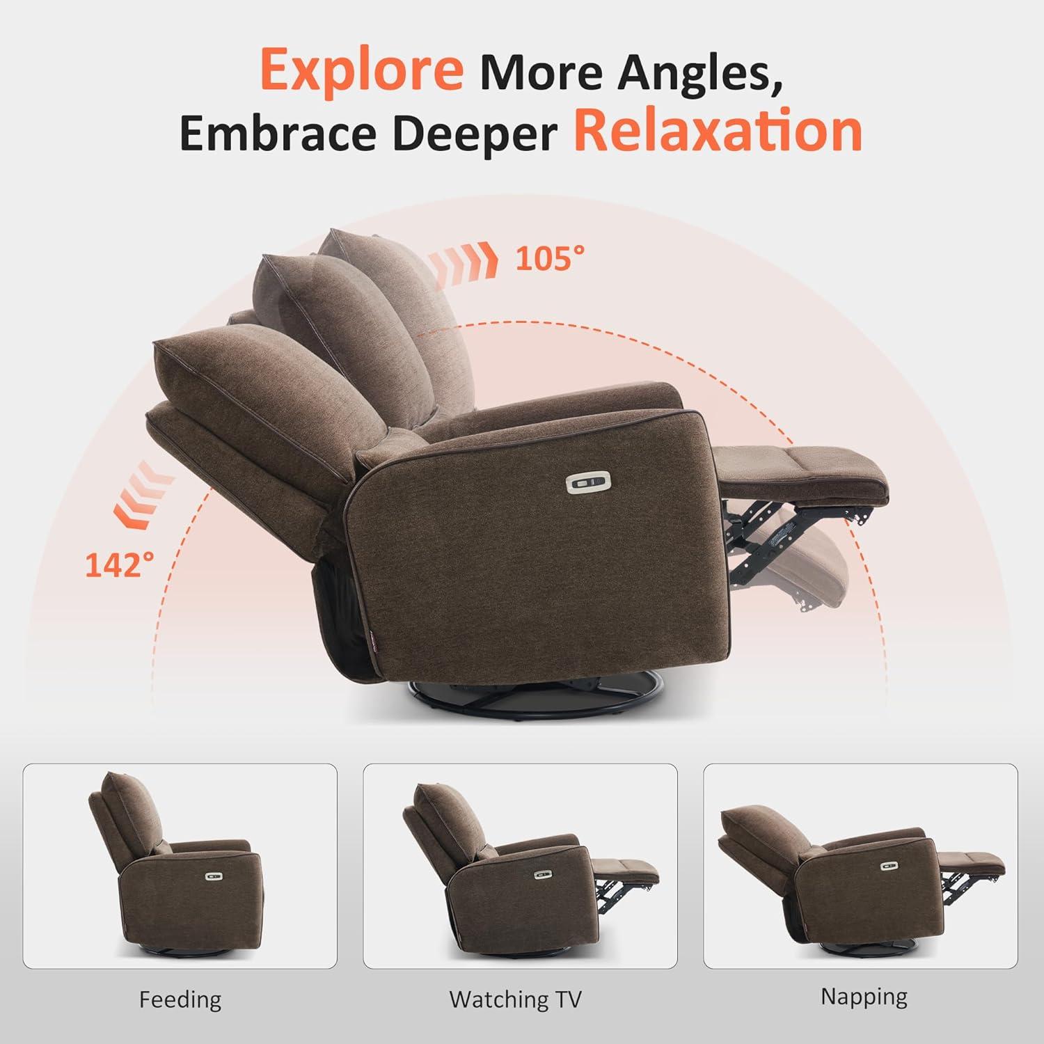 Swivel Glider Power Recliner Chair, Electric Rocker Recliner Chairs with USB Ports For Nursery, Fabric