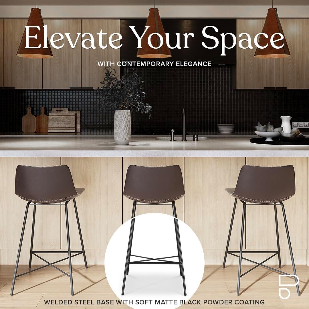 Brown Leather Saddle Style Counter Stools with Steel Legs, Set of 3