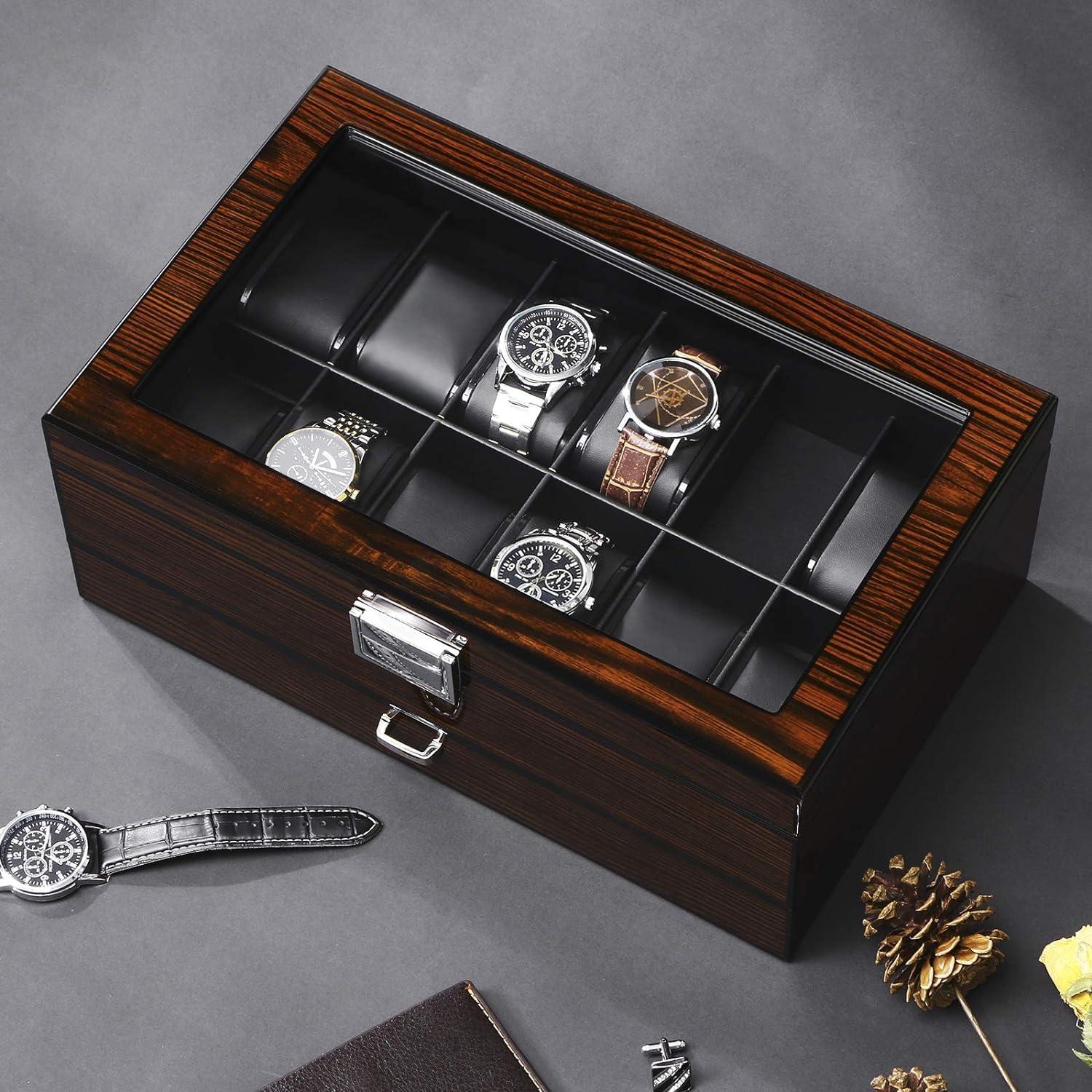 12 Watch Box With Valet Drawer, Luxury Watch Case,Watch Organizer Accessories With Real Glass Top,Metal Hinge, Brown