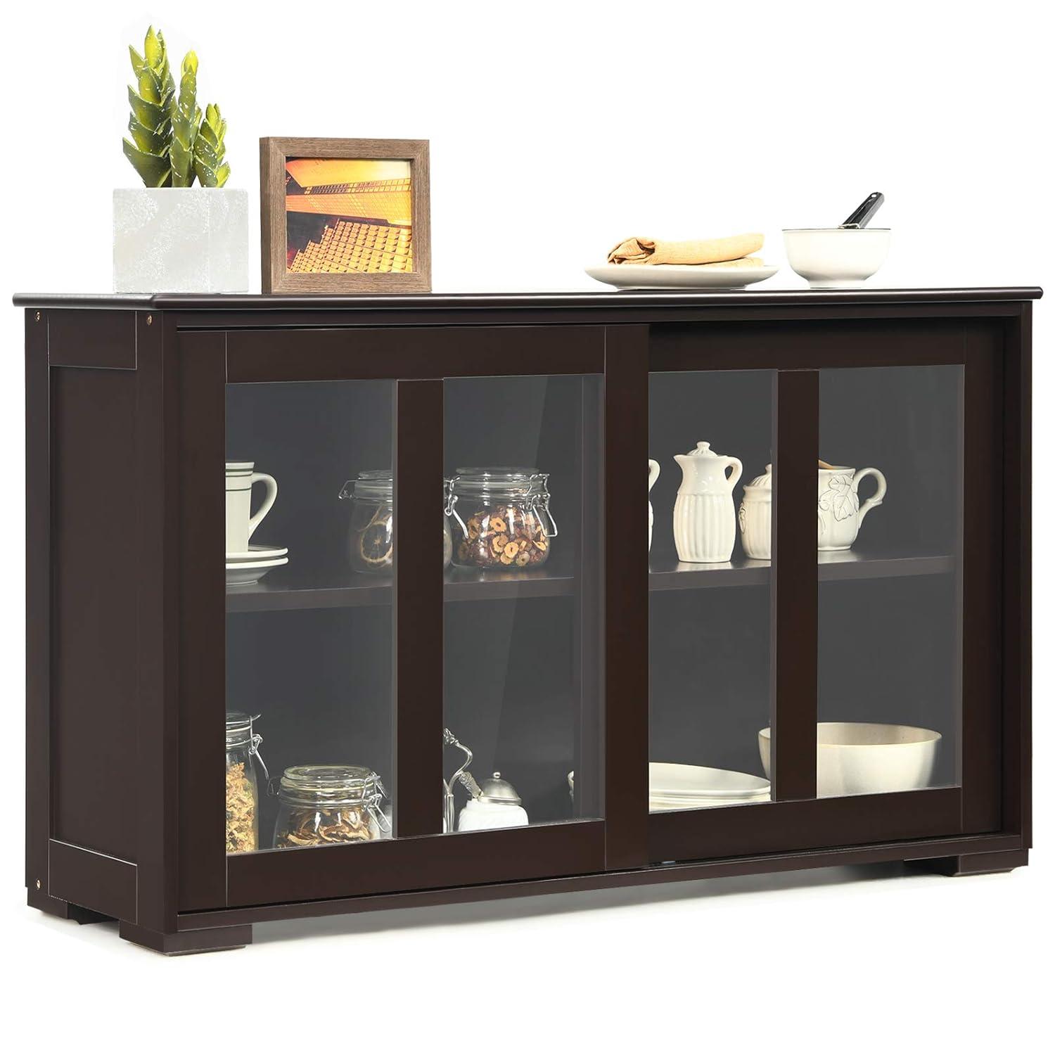 Kepooman Sideboard Buffet, Kitchen Storage Cabinet,Sideboard Buffet Cupboard Storage Cabinet with Sliding Door-Brown