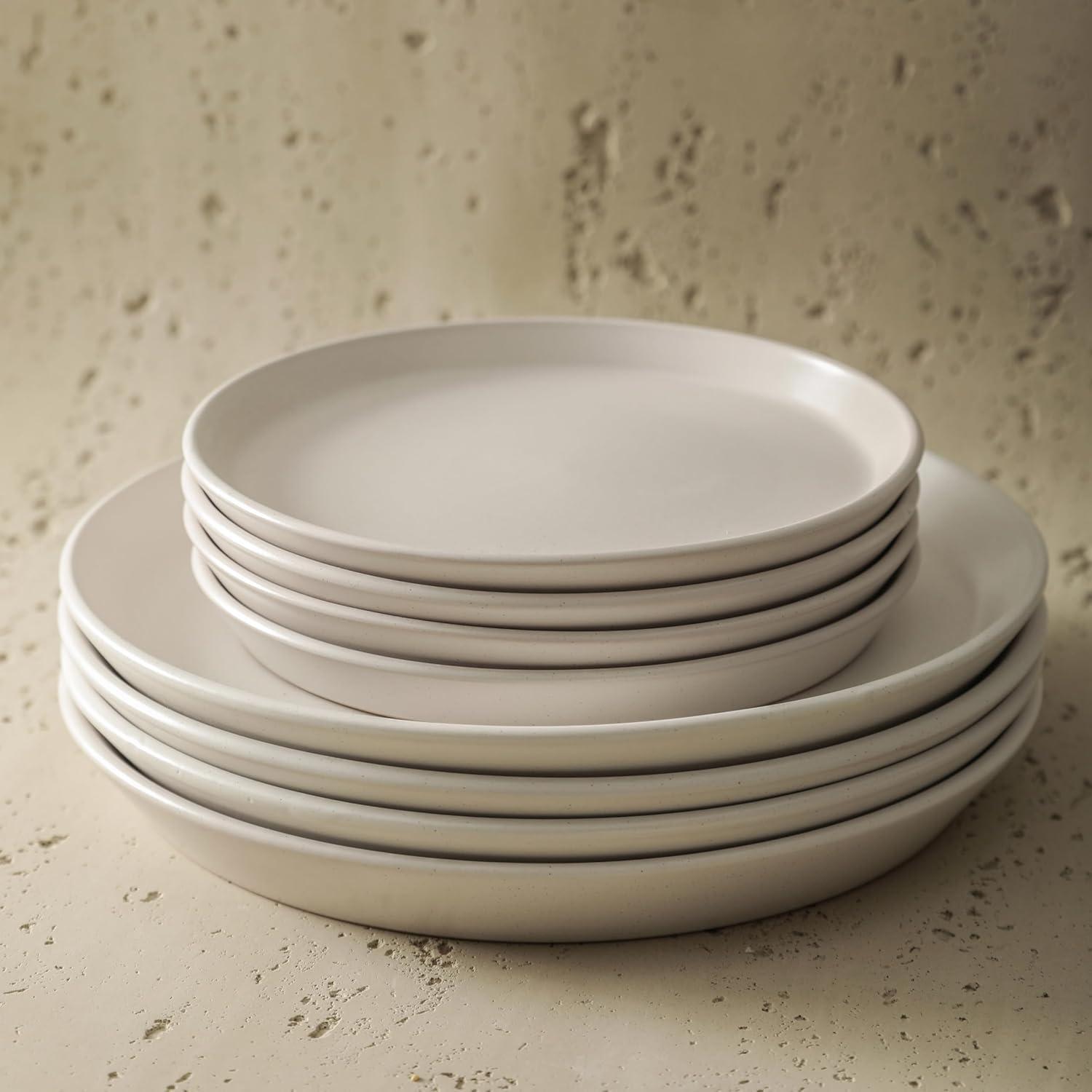 Stone Lain Albie Rustic Stoneware Dish Set, 32-Piece Round Dishes for 8, Snow White