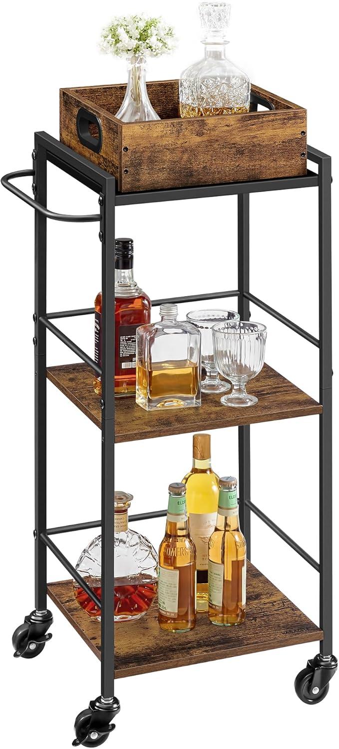 VASAGLE Kitchen Serving Cart with Removable Tray, 3-Tier Kitchen Utility Cart on Wheels with Storage, with Brakes, Rustic Brown and Black