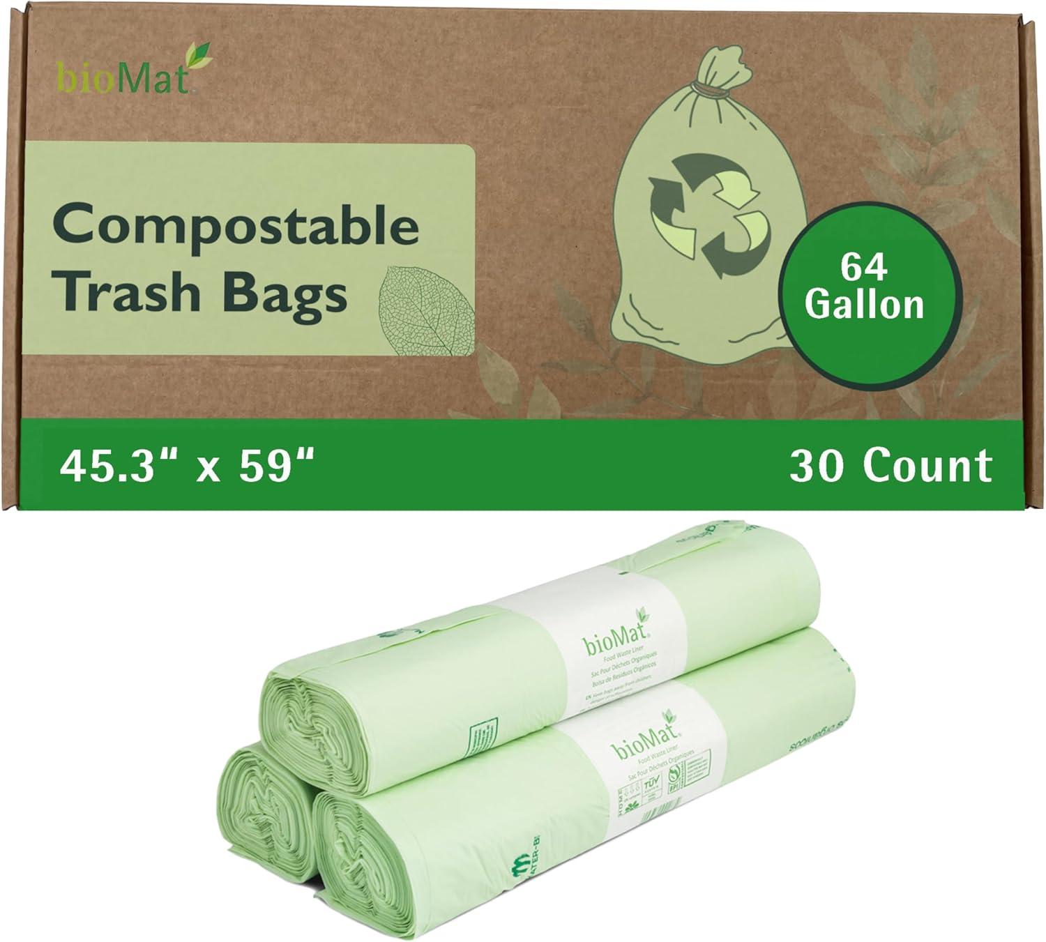 bioMat 64 Gallon Compostable Trash Bags, 30 Count, Large Compost Bags for Compost Bin, BPI Certified ASTM D6400, Tear Resistant, Keep Bin Clean
