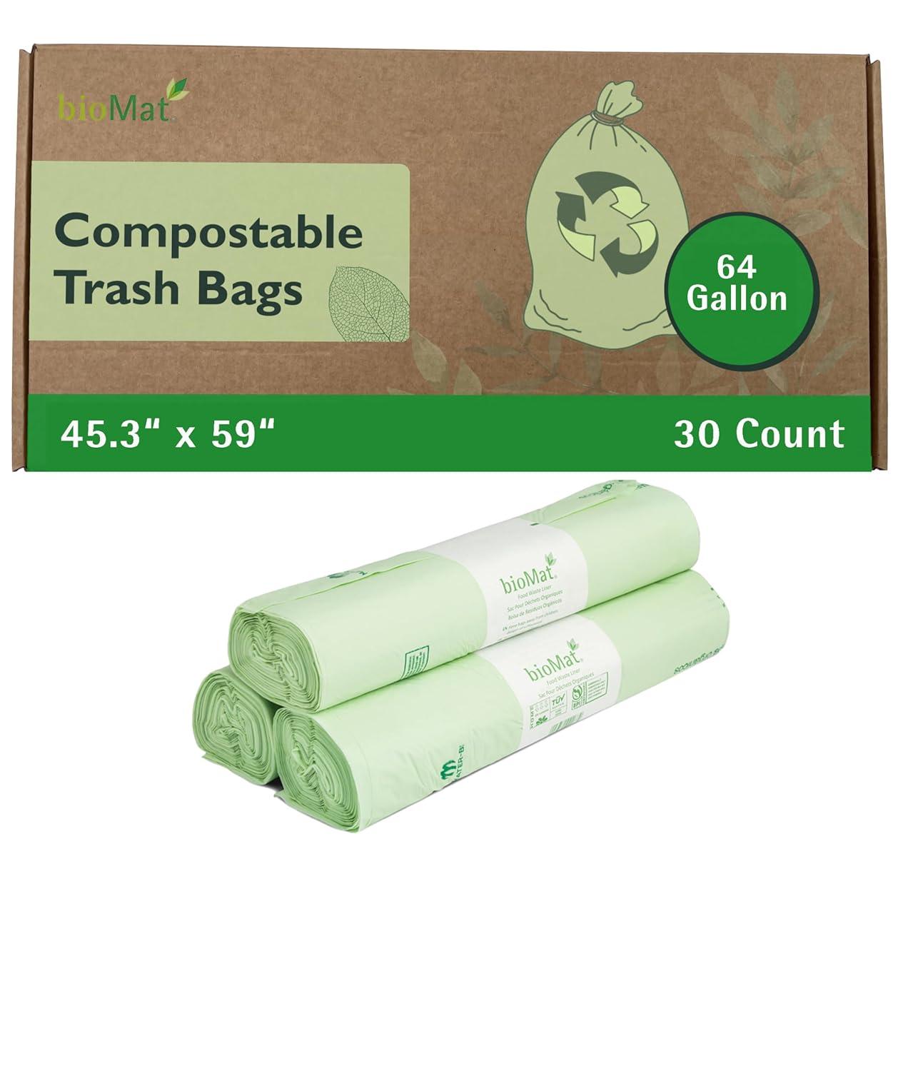 bioMat 64 Gallon Compostable Trash Bags, 30 Count, Large Compost Bags for Compost Bin, BPI Certified ASTM D6400, Tear Resistant, Keep Bin Clean