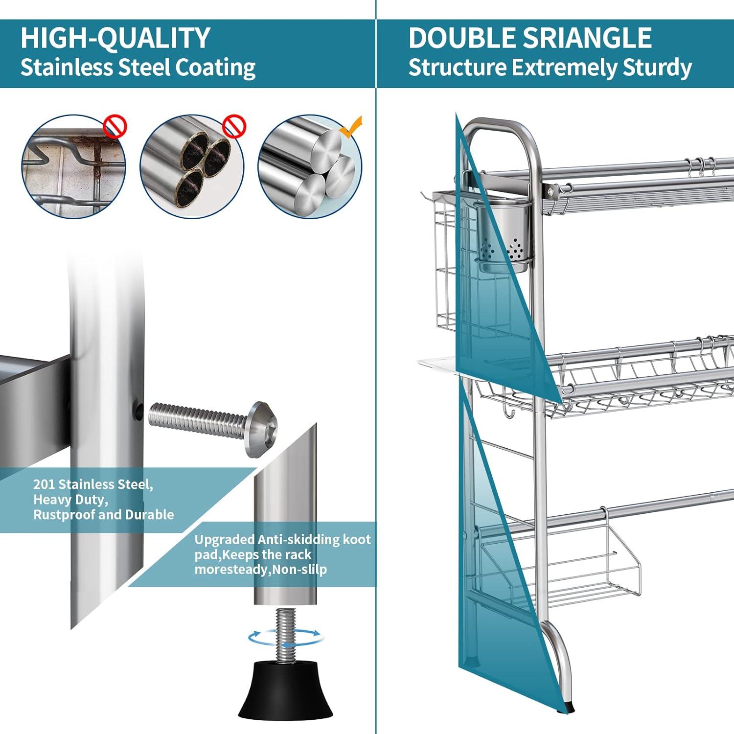 Over The Sink Dish Drying Rack, 2-Tier Stainless Steel Large Over The Sink Dish Rack with Utensil