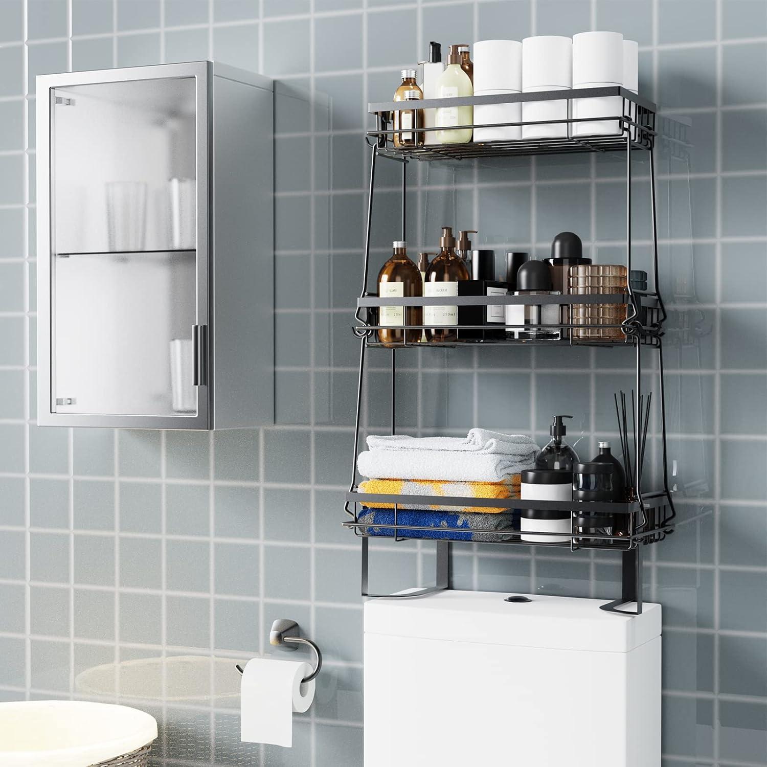 NiHome Waterproof Iron 3-Shelf Bathroom Organizer with Hooks, Black