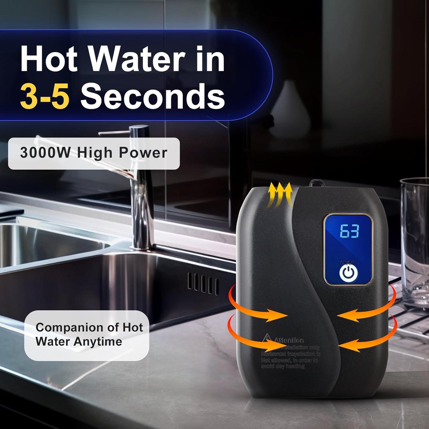 3000W Black Mini Electric Tankless Water Heater with Digital Display