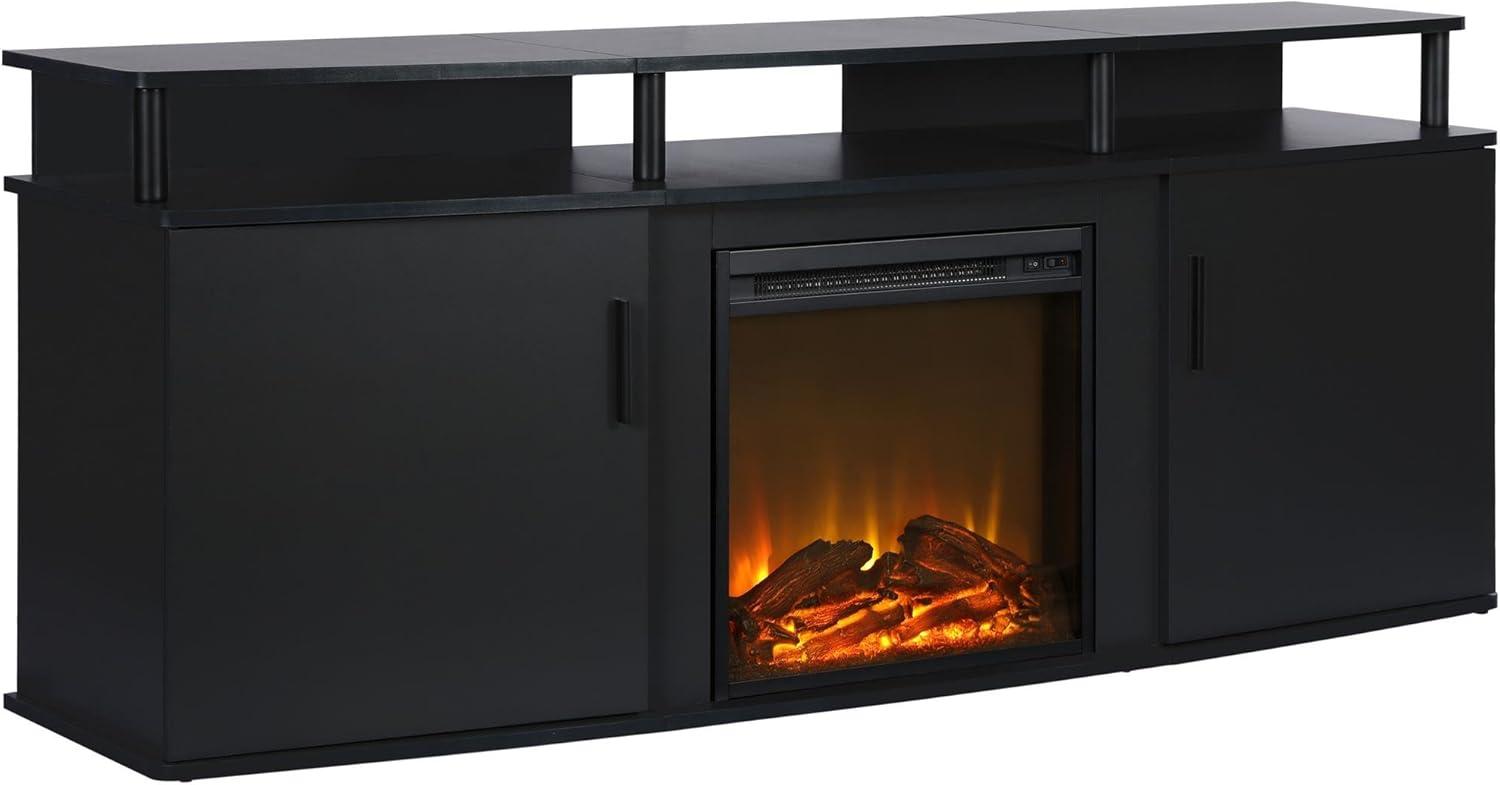 Black 70-Inch TV Stand with Electric Fireplace and Cabinets