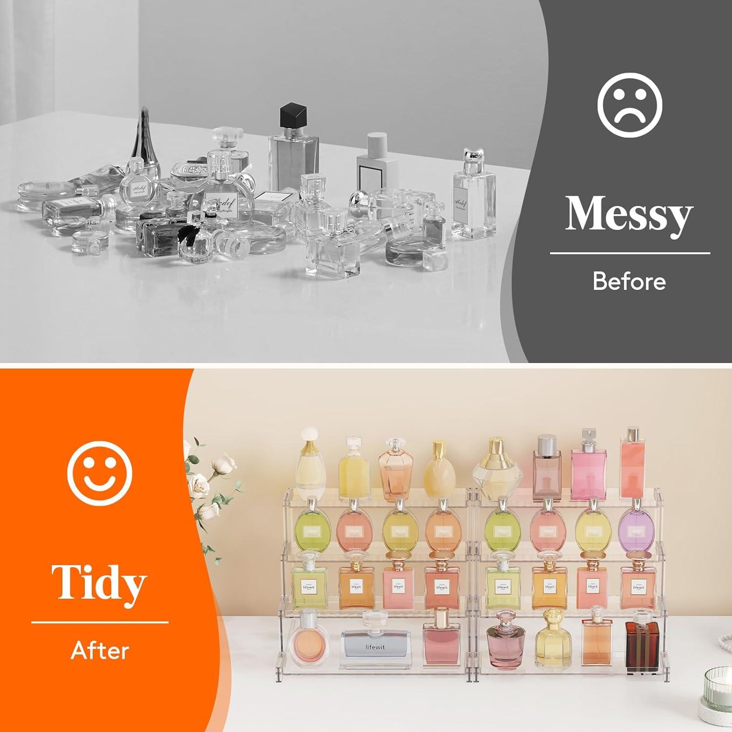 Lifewit 4 Tier Clear Display Risers Stand With Decorative Fences, Plastic 12 Inch Perfume Organizer, Display For Figures, Cupcake, Dessert, Desktop Stand For Organization And Decor, 1 Pack