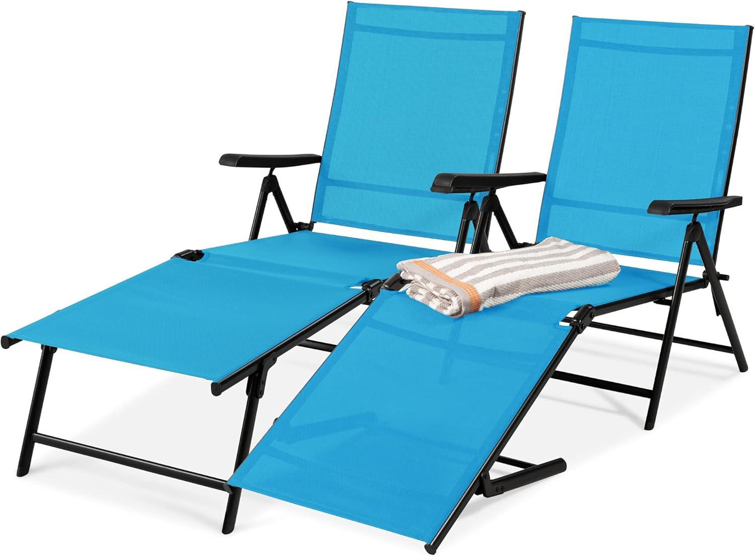 Best Choice Products Set of 2 Outdoor Patio Chaise Lounge Chair Adjustable Folding Pool Lounger w/Steel Frame - Sky Blue