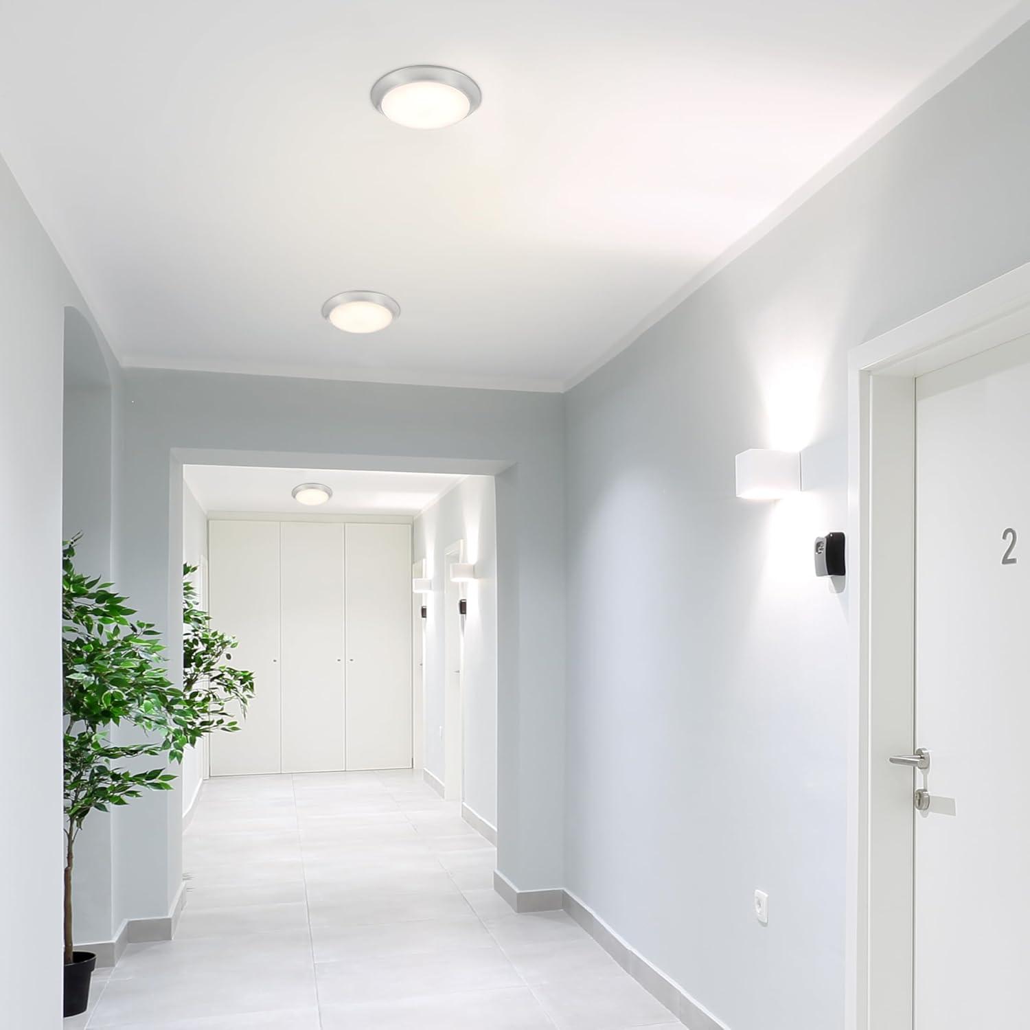 Maxxima 7 in. Satin Nickel Slim Round LED Flush Mount Ceiling Light Fixture, LED Disk Light 900 Lumens, Warm White 3000K Dimmable Dome Closet Light, Suitable for Pantry, Mudroom, Foyer and Hallway