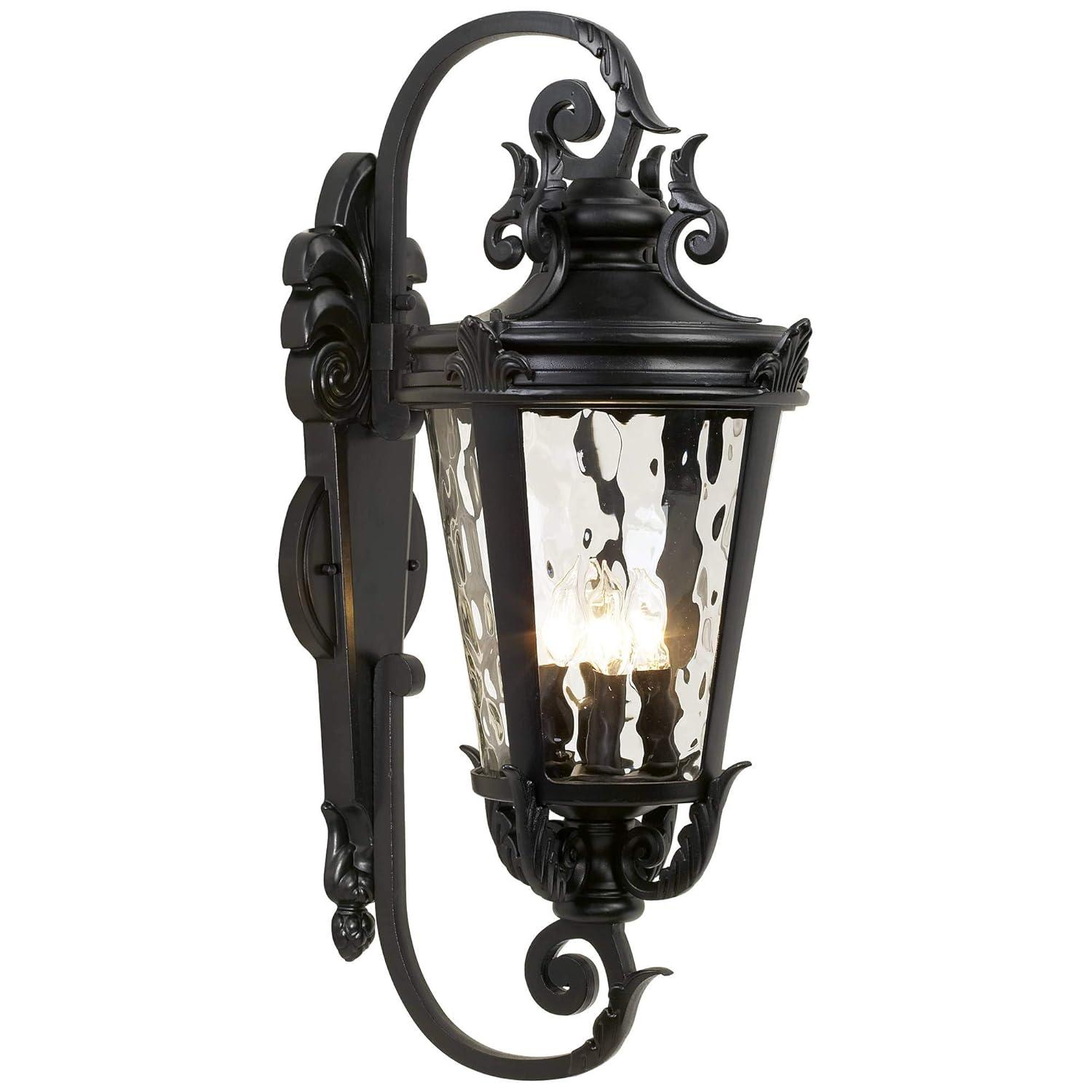 John Timberland Casa Marseille Vintage Rustic Outdoor Wall Light Fixture Black Scroll Arm 27 1/2" Clear Hammered Glass for Post Exterior Barn Deck