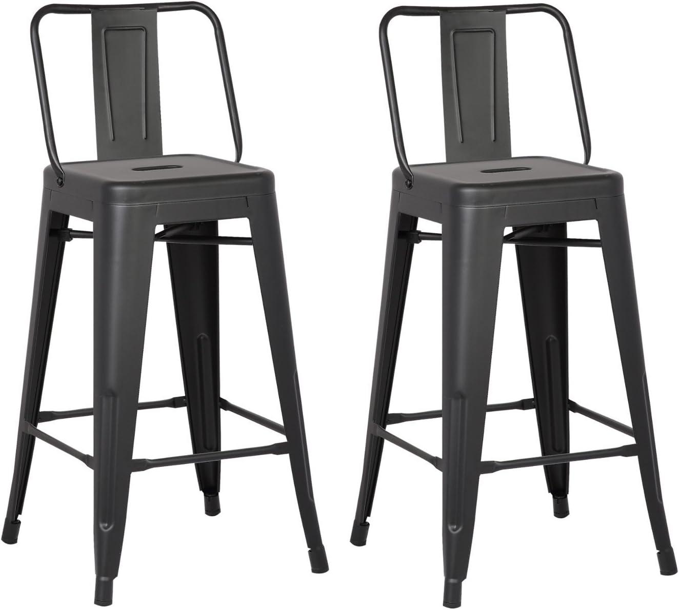 Matte Black Industrial Metal Bar Stools with Low Back, Set of 2