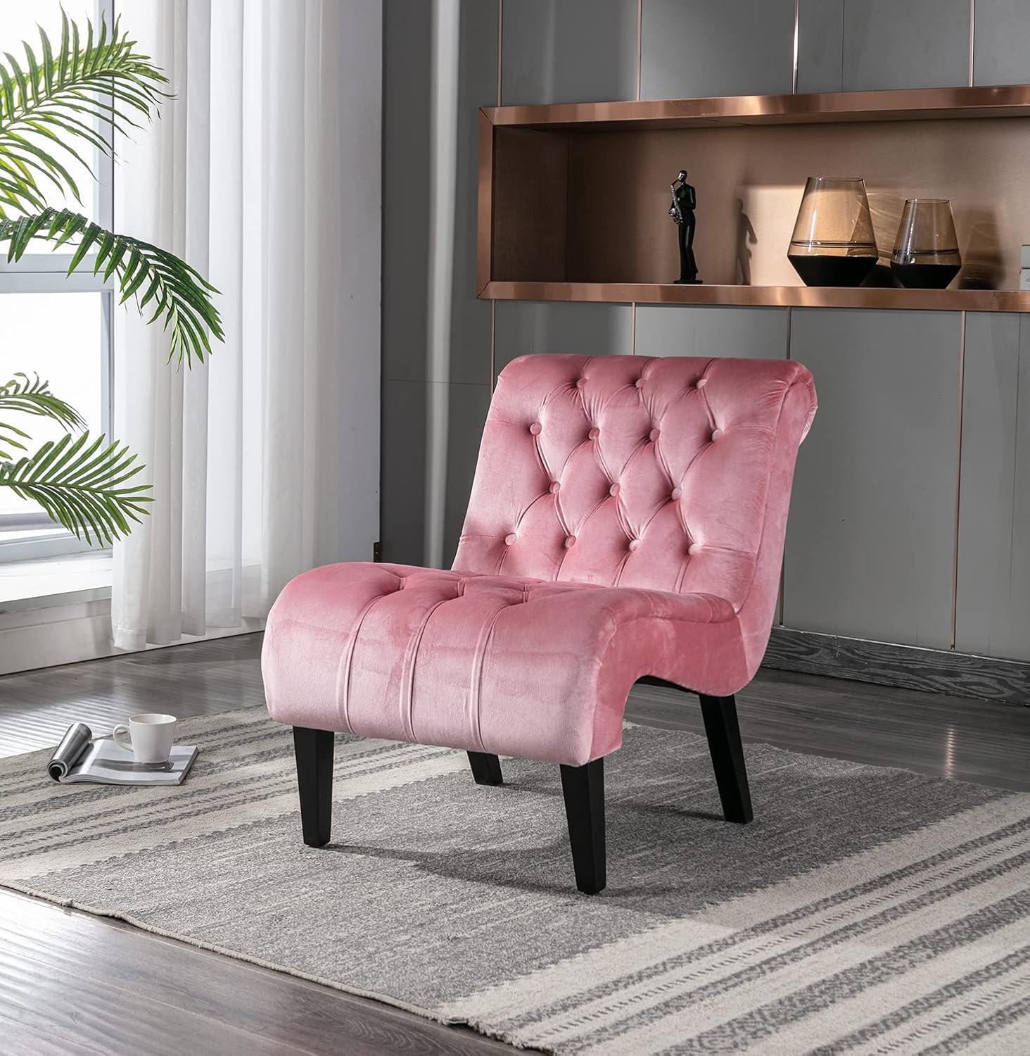 Accent Tufted Armless Chaise Lounge, Leisure Reclining Chair with Wood Legs, Modern Lounge Sofa, for Indoor Home Living Room Bedroom, Pink