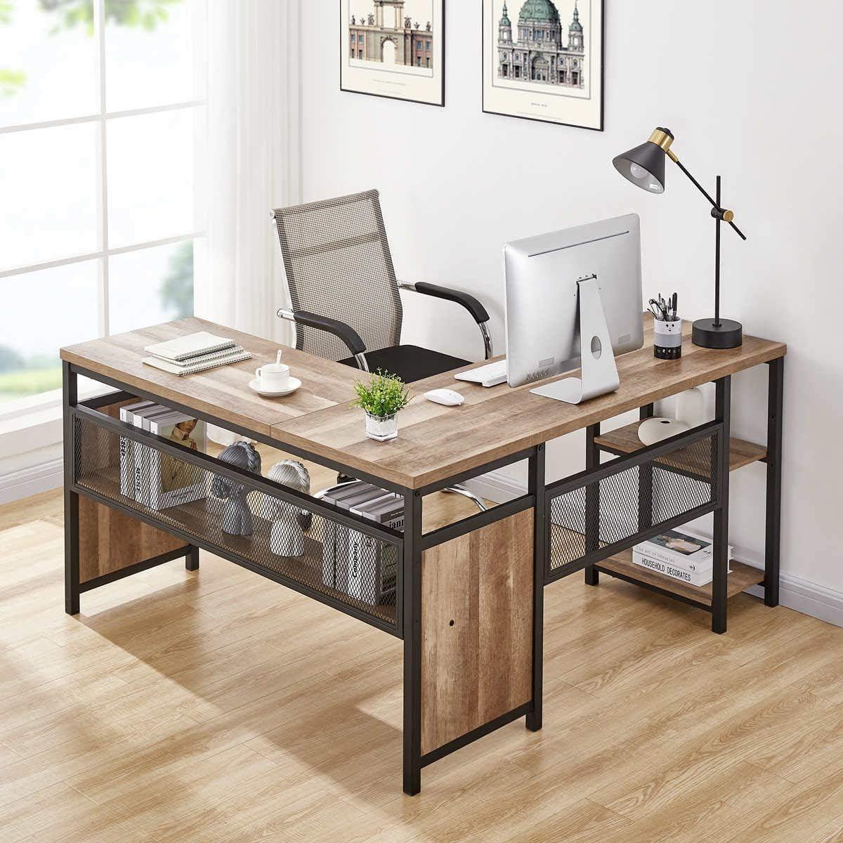 Rustic Oak and Black L-Shaped Corner Computer Desk with Shelves